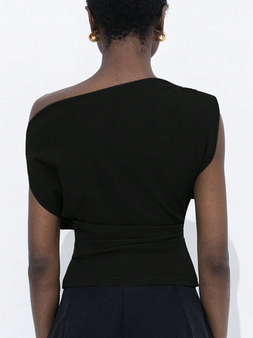 Asymmetrical Neck Design Ruched Gathered Cuff Fitted Women Shirt Top