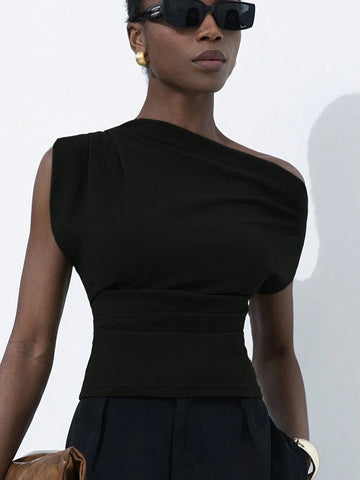 Asymmetrical Neck Design Ruched Gathered Cuff Fitted Women Shirt Top