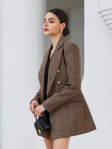 Lapel Long Sleeve Plaid Double-Breasted Blazer