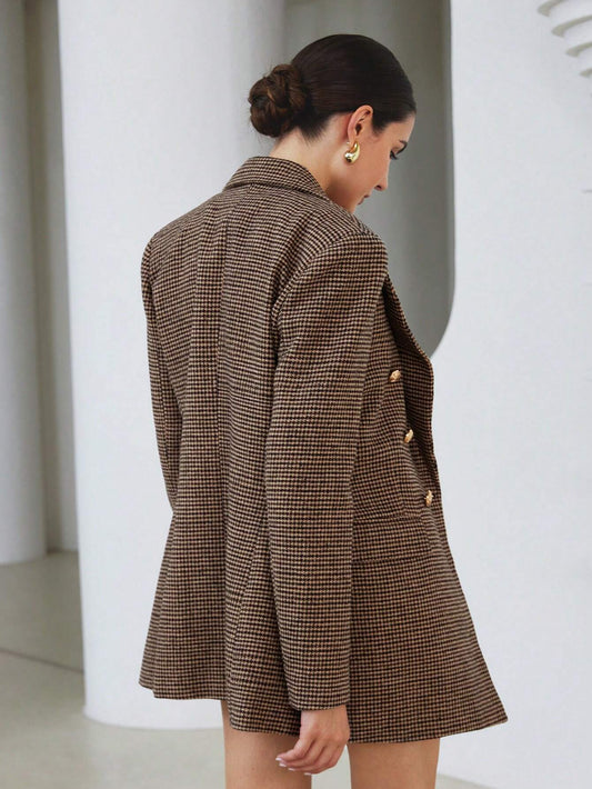 Lapel Long Sleeve Plaid Double-Breasted Blazer