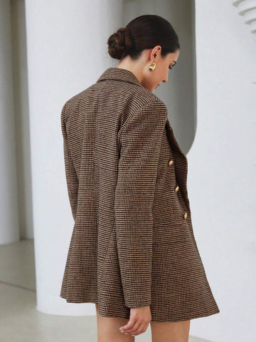 Lapel Long Sleeve Plaid Double-Breasted Blazer