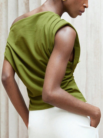 Asymmetrical Neck Design Ruched Gathered Cuff Fitted Women Shirt Top