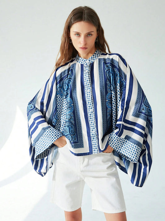 Retro Casual Commuter Color Block Print Design Long Sleeve Loose Fit Blouse