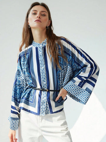 Retro Casual Commuter Color Block Print Design Long Sleeve Loose Fit Blouse