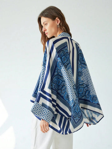 Retro Casual Commuter Color Block Print Design Long Sleeve Loose Fit Blouse