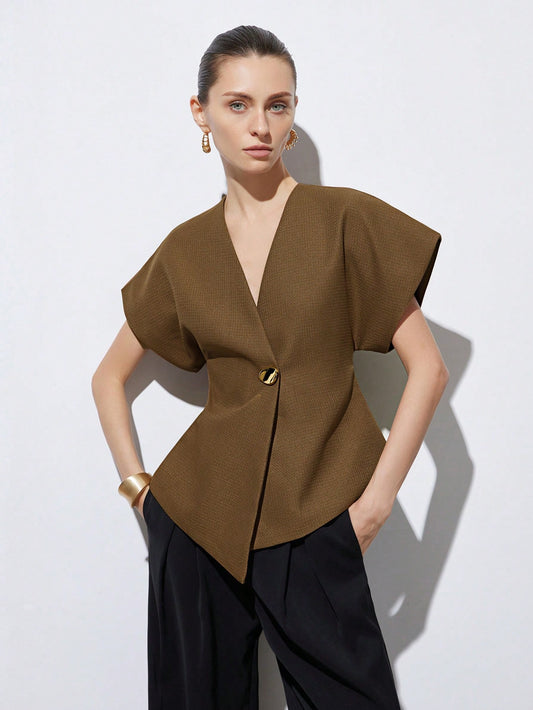 Asymmetrical Hem Cap Sleeve Jacket With Decorative Buttons