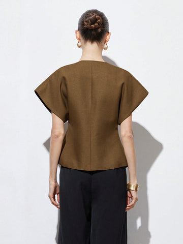 Asymmetrical Hem Cap Sleeve Jacket With Decorative Buttons