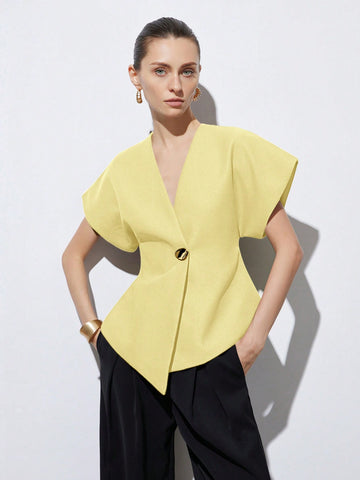 Asymmetrical Hem Cap Sleeve Jacket With Decorative Buttons