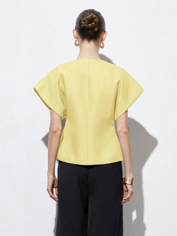 Asymmetrical Hem Cap Sleeve Jacket With Decorative Buttons