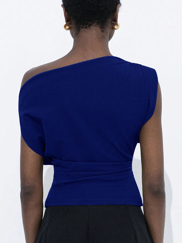 Asymmetrical Neck Design Ruched Gathered Cuff Fitted Women Shirt Top