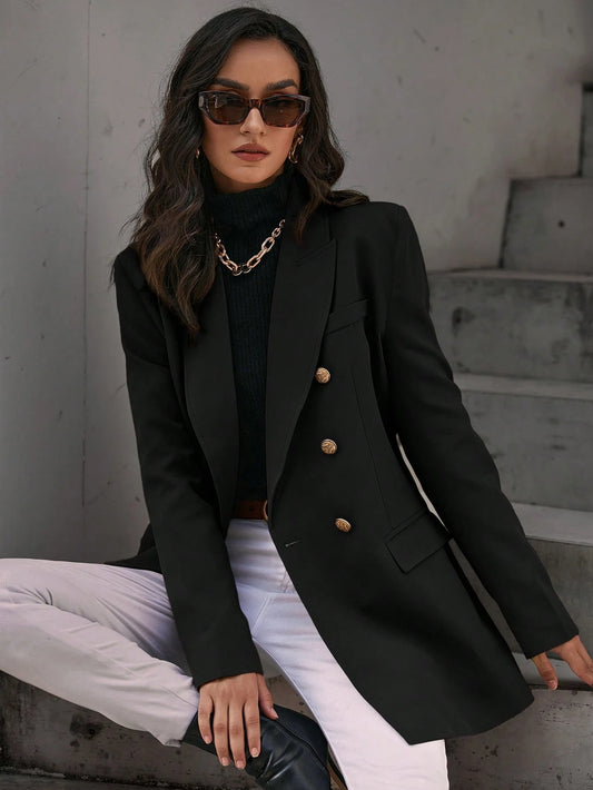 Solid Double Breasted Flap Detail Blazer