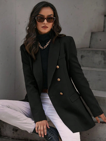 Solid Double Breasted Flap Detail Blazer