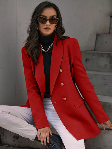 Solid Double Breasted Flap Detail Blazer