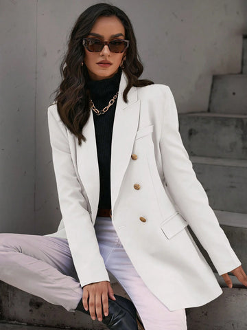 Solid Double Breasted Flap Detail Blazer