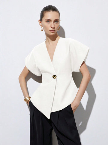 Asymmetrical Hem Cap Sleeve Jacket With Decorative Buttons