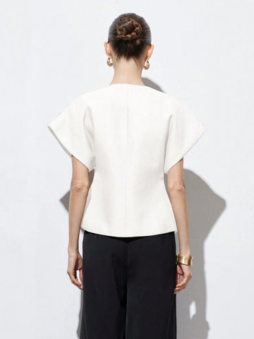 Asymmetrical Hem Cap Sleeve Jacket With Decorative Buttons