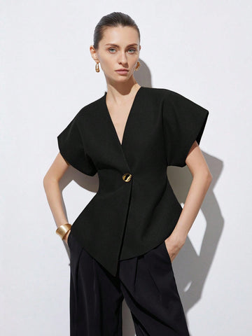 Asymmetrical Hem Cap Sleeve Jacket With Decorative Buttons