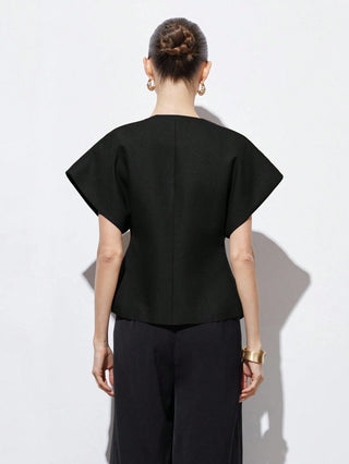 Asymmetrical Hem Cap Sleeve Jacket With Decorative Buttons