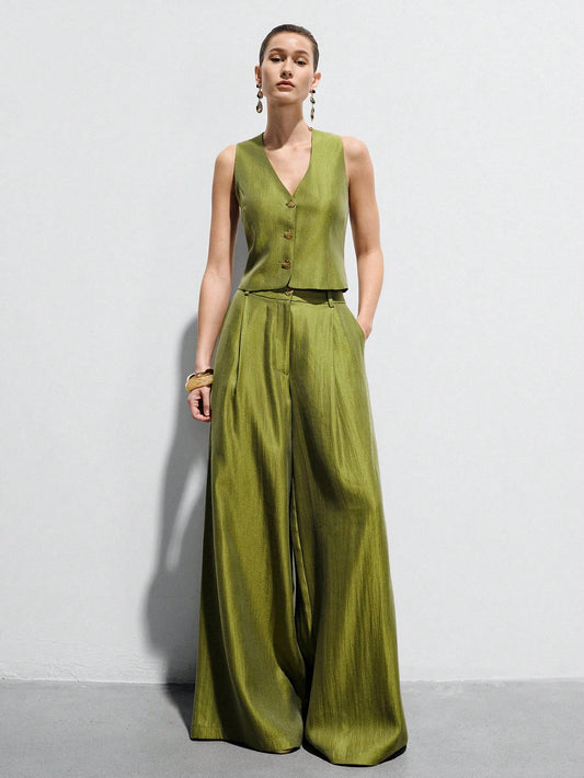 Elegant Brunch Satin Sleeveless Fitted Vest & High-Waisted Wide-Leg Pants