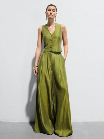 Elegant Brunch Satin Sleeveless Fitted Vest & High-Waisted Wide-Leg Pants