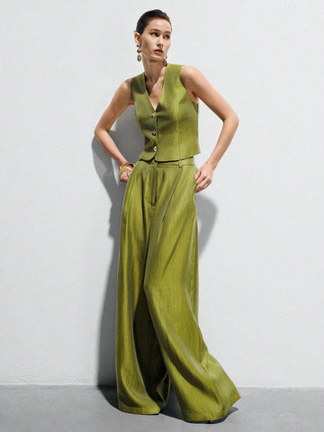 Elegant Brunch Satin Sleeveless Fitted Vest & High-Waisted Wide-Leg Pants