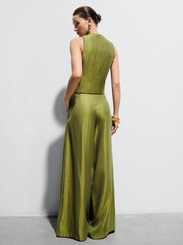Elegant Brunch Satin Sleeveless Fitted Vest & High-Waisted Wide-Leg Pants