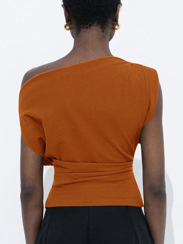 Asymmetrical Neck Design Ruched Gathered Cuff Fitted Women Shirt Top