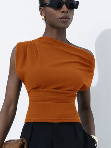 Asymmetrical Neck Design Ruched Gathered Cuff Fitted Women Shirt Top