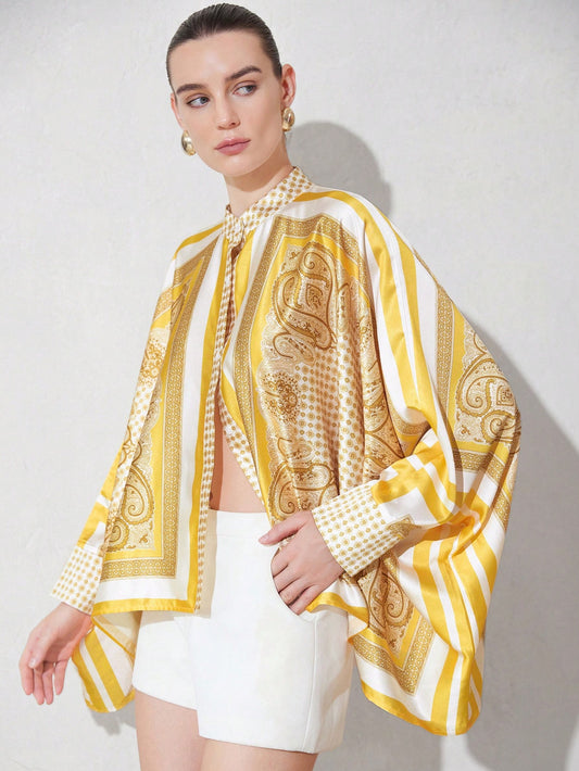 Retro Casual Commuter Color Block Print Design Long Sleeve Loose Fit Blouse