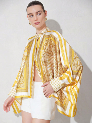 Retro Casual Commuter Color Block Print Design Long Sleeve Loose Fit Blouse