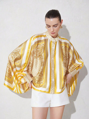 Retro Casual Commuter Color Block Print Design Long Sleeve Loose Fit Blouse
