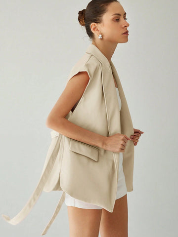 Business Style Lapel Waisted Self-Tie Sleeveless Vest Jacket
