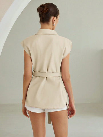 Business Style Lapel Waisted Self-Tie Sleeveless Vest Jacket