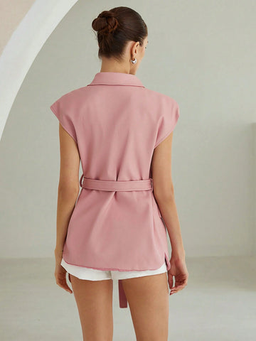 Business Style Lapel Waisted Self-Tie Sleeveless Vest Jacket