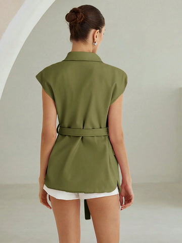 Business Style Lapel Waisted Self-Tie Sleeveless Vest Jacket