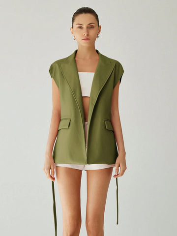 Business Style Lapel Waisted Self-Tie Sleeveless Vest Jacket