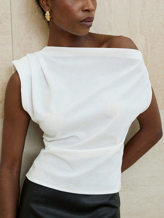 Asymmetrical Neck Design Ruched Gathered Cuff Fitted Women Shirt Top