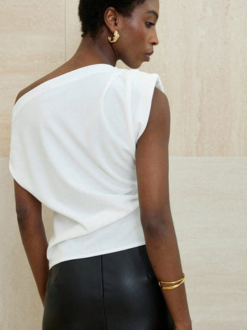 Asymmetrical Neck Design Ruched Gathered Cuff Fitted Women Shirt Top