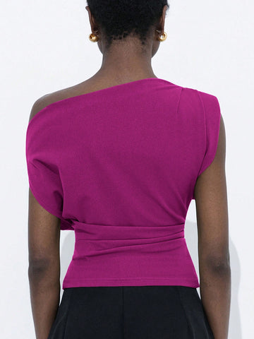 Asymmetrical Neck Design Ruched Gathered Cuff Fitted Women Shirt Top
