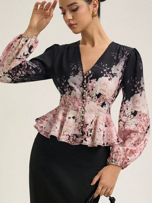 Rosie Floral V-Neck Cardigan With Waist Cinching Design