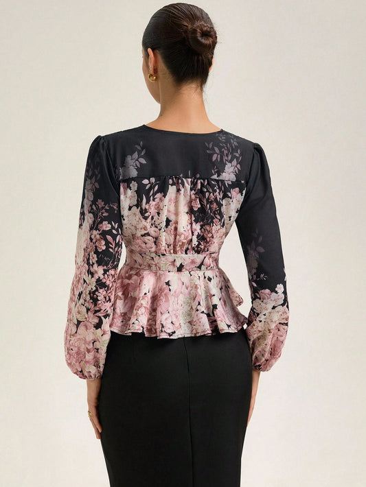 Rosie Floral V-Neck Cardigan With Waist Cinching Design