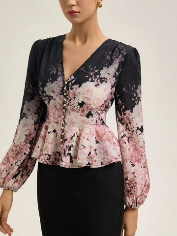 Rosie Floral V-Neck Cardigan With Waist Cinching Design