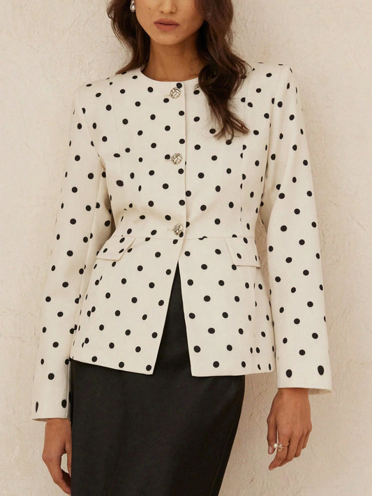 Versatile Polka Dot Rhinestone Button Cinched Waist Long Sleeve Fitted Women Blazer