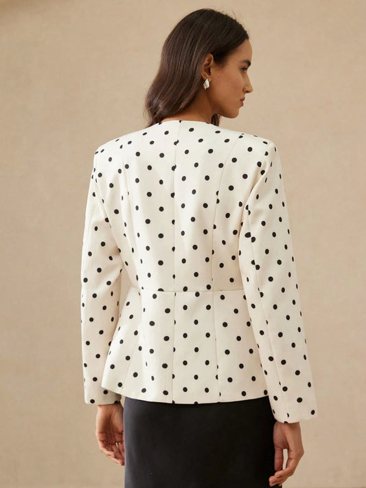 Versatile Polka Dot Rhinestone Button Cinched Waist Long Sleeve Fitted Women Blazer
