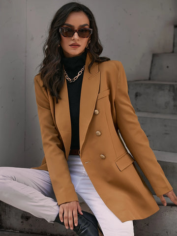 Solid Double Breasted Flap Detail Blazer