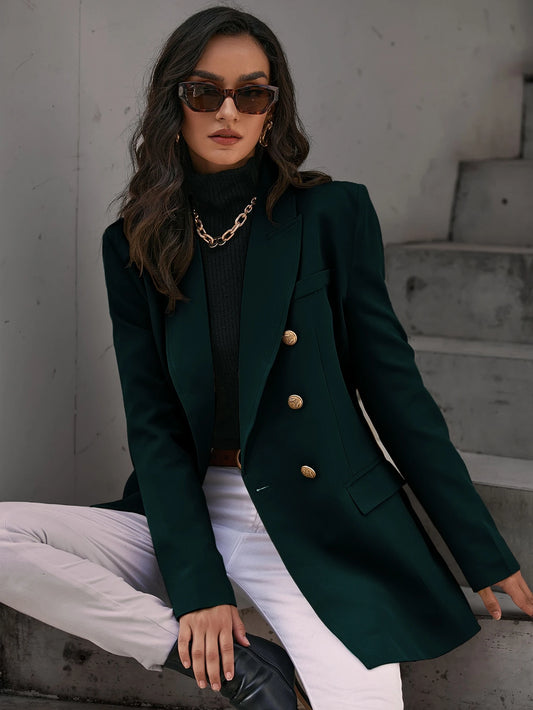 Solid Double Breasted Flap Detail Blazer