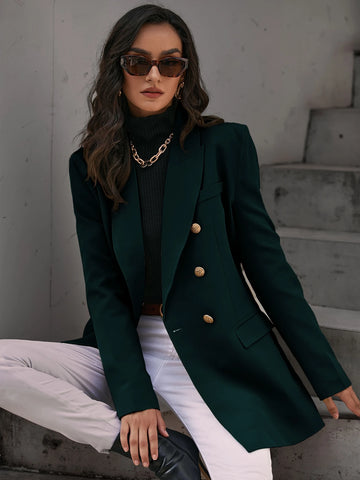Solid Double Breasted Flap Detail Blazer
