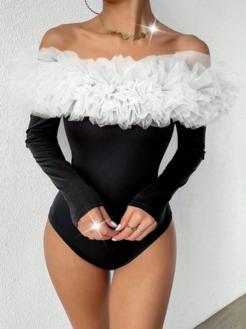 BAE Contrast Mesh Exaggerated Ruffle Off Shoulder Bodysuit
