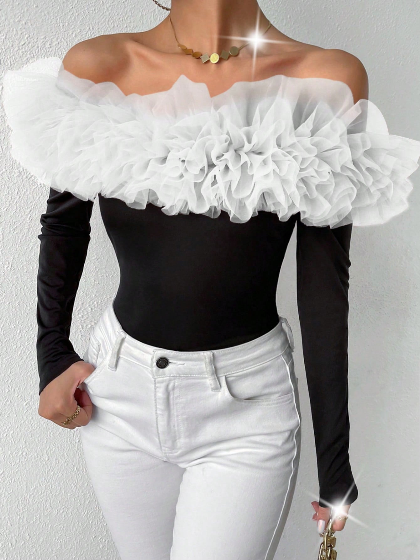 BAE Contrast Mesh Exaggerated Ruffle Off Shoulder Bodysuit