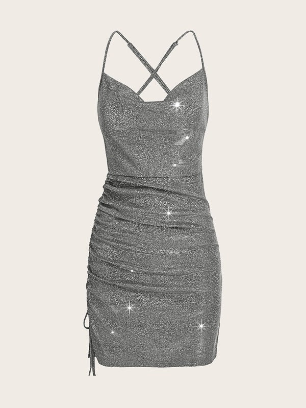 BAE Crisscross Backless Ruched Glitter Bodycon Dress